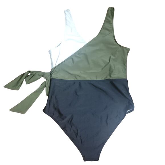 NWT Cupshe Olive Swimsuit Colorblock Tri Color Faux Wrap One Piece Large Vneck - Picture 5 of 10